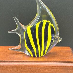Vintage 1990's Cobalt And Yellow Hand Blown Tropical Fish Paperweight Taiwan